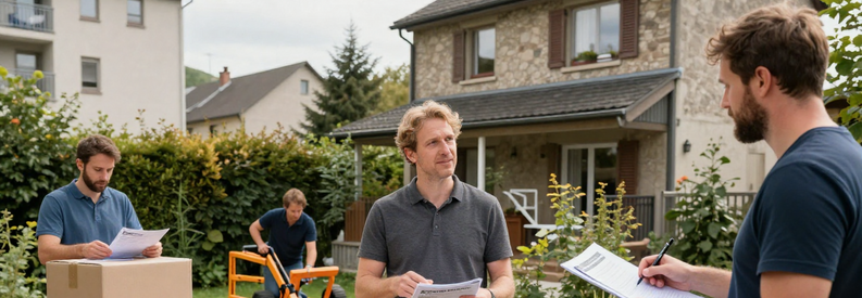 Trois scènes de consultation tarifs déménagement Saint-Gall : estimation en appartement, devis maison individuelle, négociation immeuble urbain.