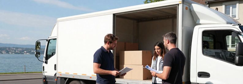 Déménageur présentant estimation à clients devant immeuble Uster, Greifensee en arrière-plan, camion de déménagement visible.