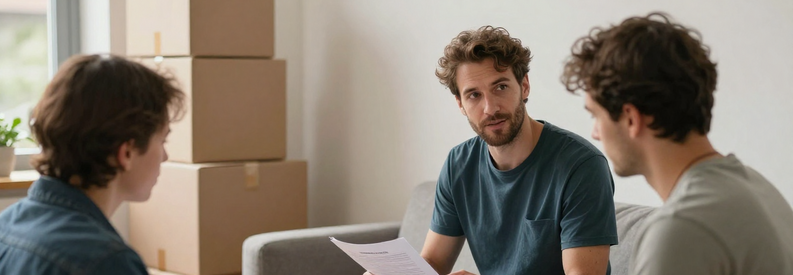 Consultation Demenageurs Chaux De Fonds Client comparant offres de deux déménageurs professionnels dans son appartement La Chaux-de-Fonds, documents à la main