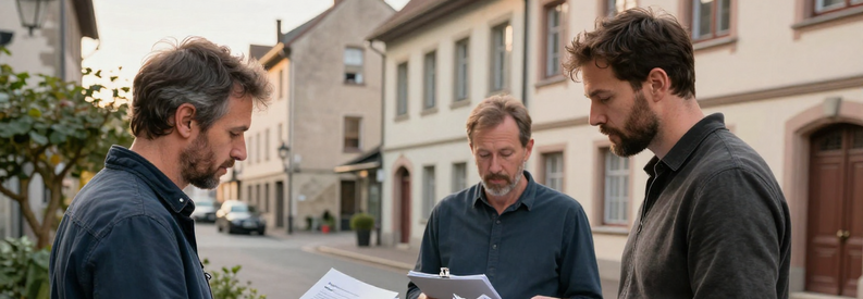 Deux déménageurs présentent leurs estimations à un client devant immeuble fribourgeois, comparaison de tarifs sur site