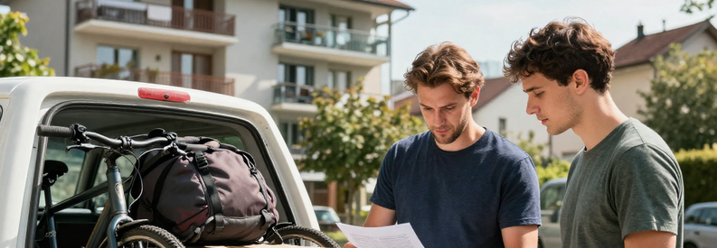 Étudiant et déménageur consultant une estimation pour un déménagement studio en Suisse