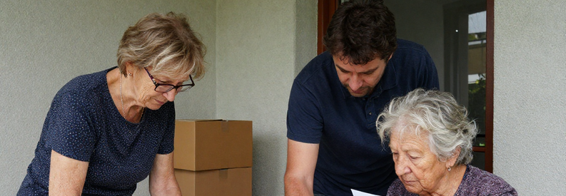 Seniors gérant les formalités administratives de leur déménagement en Suisse, annonce de changement d'adresse