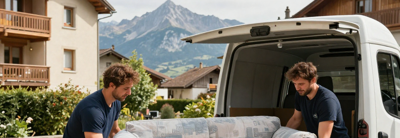 Déménageurs professionnels chargeant un camion devant un immeuble résidentiel à Altdorf, canton d'Uri