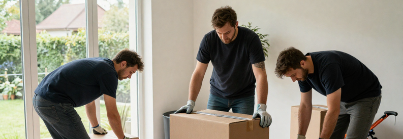 Déménageurs professionnels démontant un meuble dans un appartement à Aarau avec cartons et équipement de protection