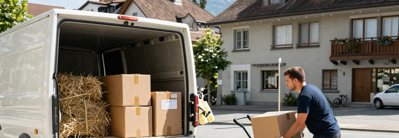 Déménageurs professionnels chargeant cartons et mobilier dans camion devant immeuble résidentiel à Baden