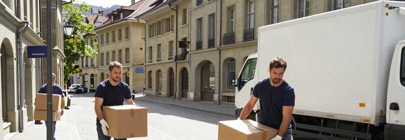 Demenagement Berne Ruelles Pavees Professionnels Déménageurs professionnels manœuvrant un diable sur les pavés historiques de Berne avec camion en arrière-plan