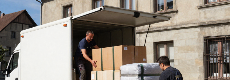 Demenagement Burgdorf Equipe Professionnelle Déménageurs professionnels chargeant un camion devant un immeuble de Burgdorf avec couvertures et diable