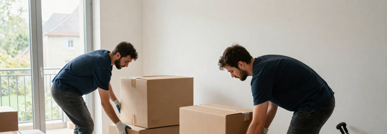 Demenagement Delemont Demontage Mobilier Appartement Déménageurs professionnels démontant un meuble dans un appartement à Delémont, cartons et équipement de protection visibles