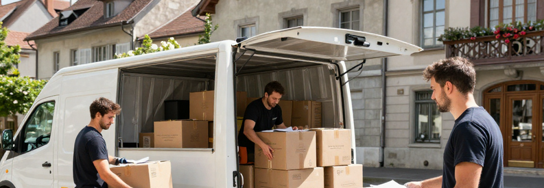 Demenagement Delemont Equipe Professionnels Jura Déménageurs professionnels chargeant un camion devant un immeuble de Delémont, client avec bordereau