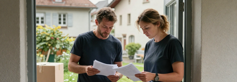 Couple devant immeuble suisse échangeant documents lors d'une séparation, cartons de déménagement visibles
