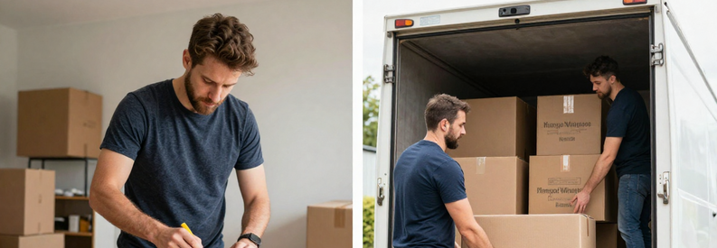 Demenagement Economique Vs Complet Bienne Comparaison : client emballant seul ses cartons versus déménageurs chargeant le camion, illustrant formule économique versus service complet à Bienne.