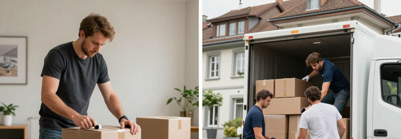 Comparaison formule économique (client emballe cartons) versus service complet (déménageurs chargent camion) à Winterthour