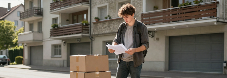 Étudiant suisse entouré de cartons devant son immeuble, illustrant les défis du déménagement étudiant à petit budget