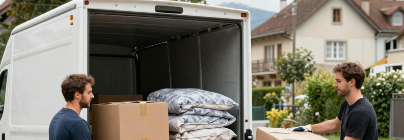 Demenagement Gossau Equipe Professionnelle Chargement Déménageurs professionnels chargeant un camion devant un immeuble résidentiel à Gossau, région Saint-Gall