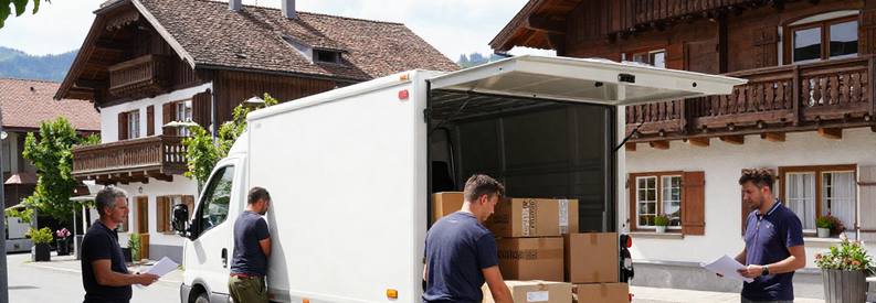Équipe de déménageurs professionnels chargeant un camion devant un immeuble à Herisau, client serein en arrière-plan