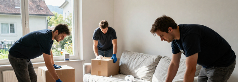 Équipe de déménageurs démontant mobilier et emballant objets fragiles dans un appartement à Herisau