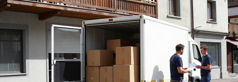 Déménageurs professionnels chargeant un camion à Langenthal, client avec bordereau devant immeuble suisse typique