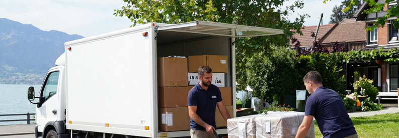 Déménageurs professionnels chargeant un camion devant un immeuble à Nyon avec le lac Léman en arrière-plan