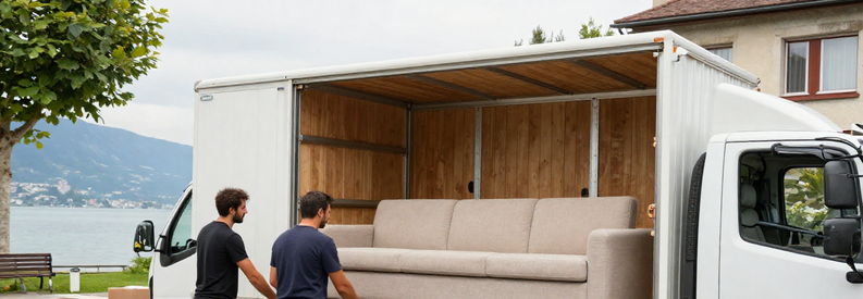 Déménageurs professionnels chargeant un camion devant un immeuble de Nyon avec le lac Léman en arrière-plan