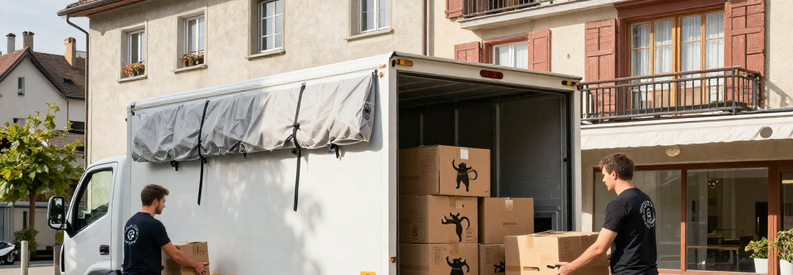 Équipe de déménageurs professionnels chargeant un camion devant un immeuble résidentiel à Olten, Suisse