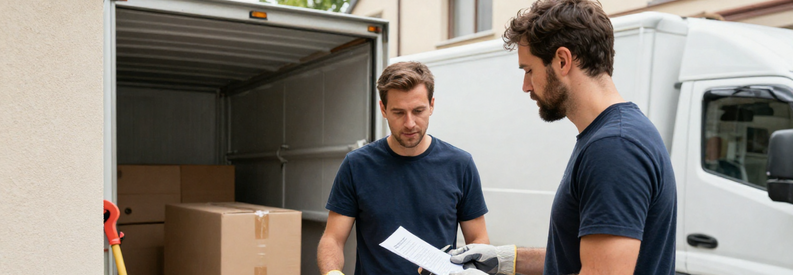 Demenagement Renens Contact Professionnel Immeuble Déménageurs professionnels présentant une offre à un client devant un immeuble résidentiel à Renens