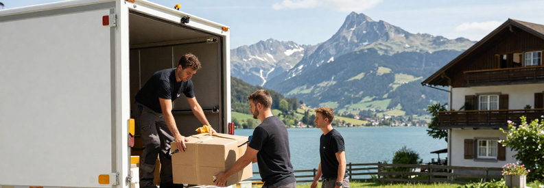 Demenagement Sarnen Equipe Professionnelle Camion Déménageurs professionnels chargeant un camion devant un immeuble à Sarnen, lac et montagnes en arrière-plan