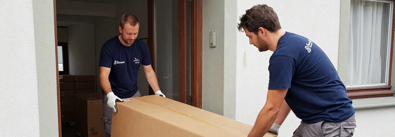 Demenagement Sarnen Equipe Professionnelle Escalier Deux déménageurs professionnels transportant une armoire dans un escalier d'immeuble à Sarnen, équipement complet