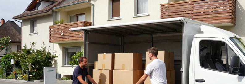 Déménageurs professionnels chargeant un camion devant un immeuble typique du canton de Schaffhouse