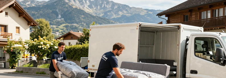 Déménageurs professionnels chargeant mobilier protégé devant immeuble du canton de Schwyz, montagnes en arrière-plan