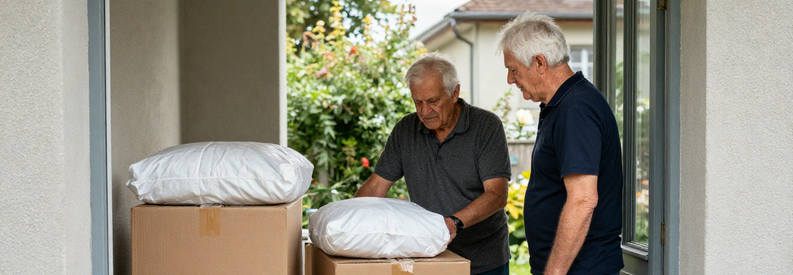 Couple de retraités suisses devant leur appartement emballé, prêts pour leur déménagement senior serein
