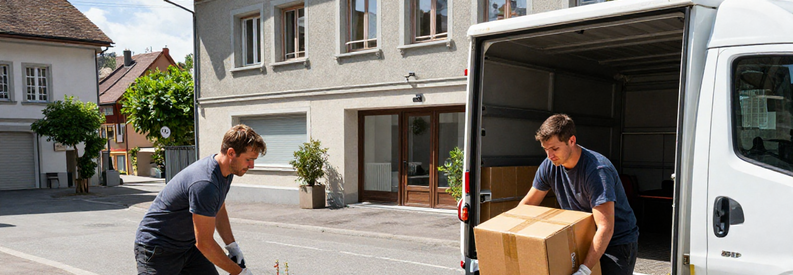 Déménageurs professionnels avec cartons et diable devant immeuble résidentiel à Wettingen, Argovie