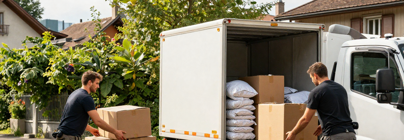 Équipe de déménageurs professionnels déchargeant un camion devant un immeuble résidentiel à Wettingen