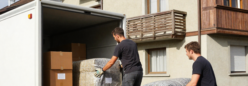 Demenagement Wil Types Services Demenageurs Déménageurs chargeant cartons et meubles protégés dans camion devant immeuble résidentiel à Wil