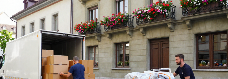Demenagement Zurich Equipe Professionnels Immeuble Déménageurs professionnels déchargeant un camion devant un immeuble typique de Zurich avec diable et cartons