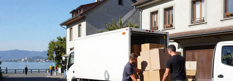 Demenageur Kreuzlingen Lac Constance Thurgovie Déménageurs chargeant un camion devant un immeuble à Kreuzlingen, lac de Constance en arrière-plan