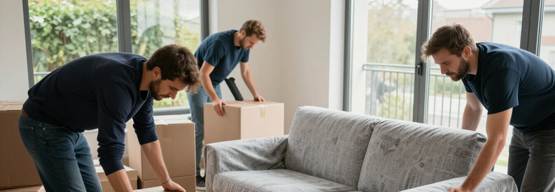 Demenageurs Emballage Complet Chaux De Fonds Déménageurs professionnels emballant et démontant meubles dans appartement, illustrant service complet de déménagement à La Chaux-de-Fonds.