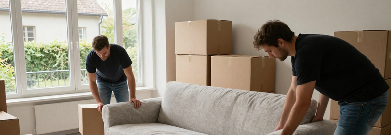Professionnels du déménagement à Emmen emballant et protégeant mobilier dans appartement, illustrant services complets de prise en charge.