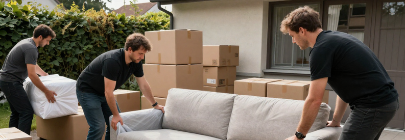 Demenageurs Schaffhouse Service Complet Déménageurs professionnels emballant et transportant mobilier avec soin dans un appartement Schaffhouse, illustrant services complets.
