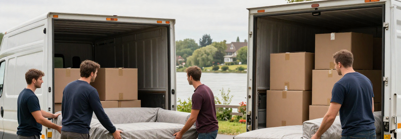 Demenageurs Schaffhouse Transport Canapé Déménageurs professionnels transportant mobilier devant immeuble schaffhousois, illustrant service déménagement qualifié région Schaffhouse.