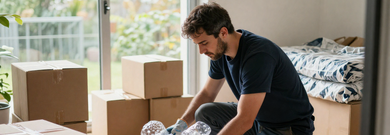 Déménageur professionnel emballant soigneusement de la vaisselle avec papier bulle pour un déménagement en Suisse