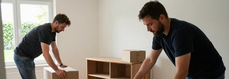 Déménageurs professionnels emballant et préparant mobilier et cartons dans un appartement à Köniz avant transport