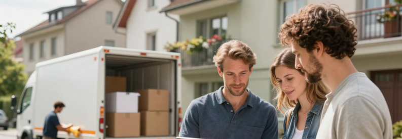Estimation Demenagement Bienne Client Déménageur présentant l'estimation tarifaire à un client devant son immeuble à Bienne, équipe en action en arrière-plan.
