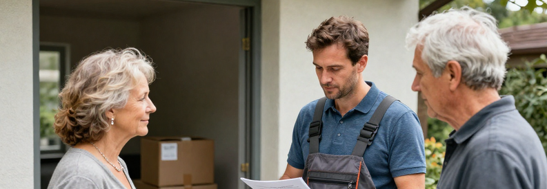 Déménageur présentant une estimation à un couple de seniors devant leur immeuble en Suisse