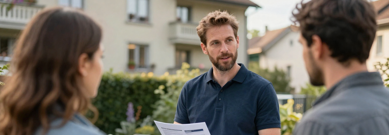 Déménageur expliquant tarifs et services à clients devant immeuble Uster, document estimation à la main.