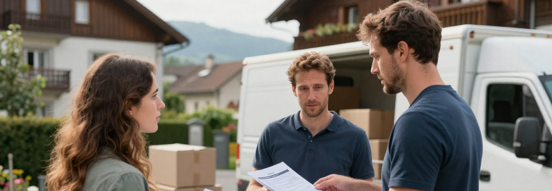 Déménageur expliquant les tarifs et services à un client devant son immeuble à Winterthour, documents d'estimation à la main.