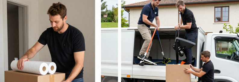 Comparaison déménagement économique vs service complet : client emballe cartons, déménageurs chargent camion, nouveau logement organisé.