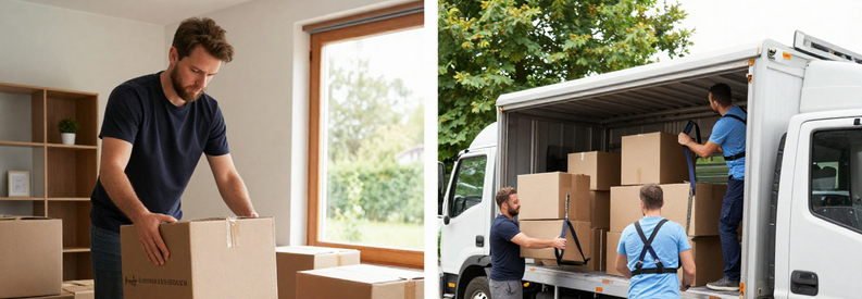 Comparaison formule économique vs service complet : client emballant cartons vs équipe professionnelle chargeant camion