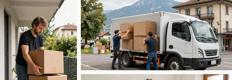 Comparaison visuelle : client emballant cartons | déménageurs chargeant camion | nouveau logement. Deux approches déménagement à Lugano.
