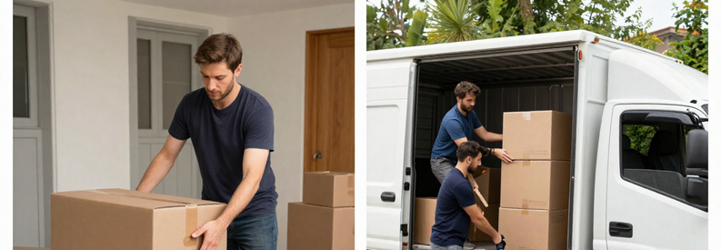 Formule Economique Vs Tout Inclus Schaffhouse Comparaison trois étapes : client emballant cartons | déménageurs chargeant camion | installation dans nouveau logement à Schaffhouse