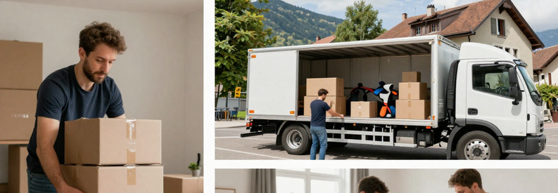 Formules Demenagement Chaux Fonds Comparaison Trois étapes du déménagement : emballage personnel, chargement professionnel et démontage meuble, illustrant les formules économique et tout inclus à La Chaux-de-Fonds.